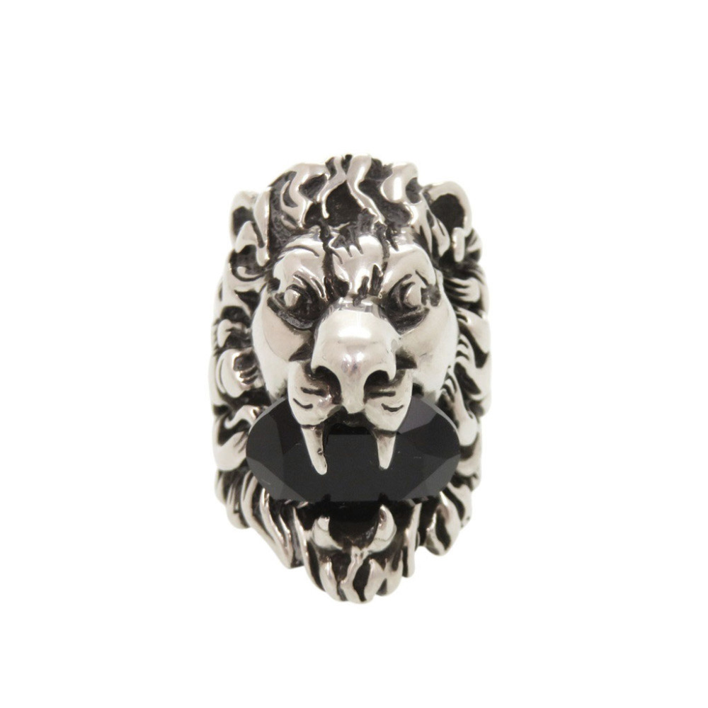 Gucci Lion Head Metal Stone Ring, Size #8 (approx.), Silver, 0362GUCCI